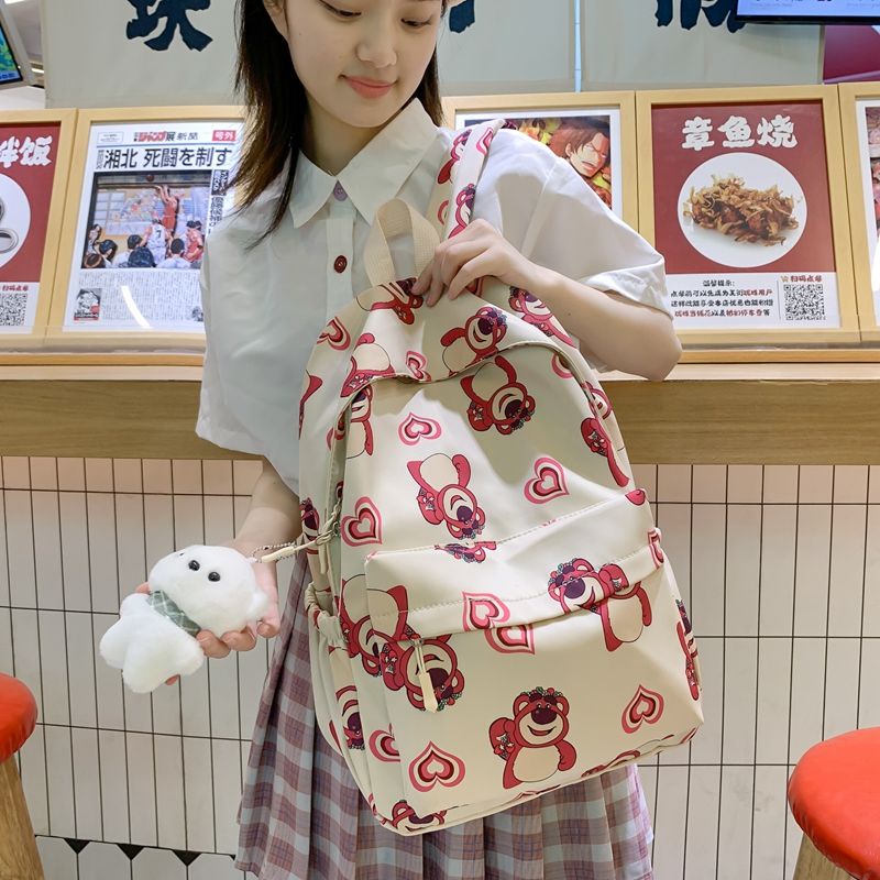 กระเป๋าเป้สะพายหลัง-กระเป๋านักเรียน-พิมพ์ลายหมีสตรอเบอร์รี่น่ารัก-เข้ากับทุกการแต่งกาย-สไตล์เกาหลี-สําหรับผู้หญิง