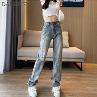 DaDuHey🎈 American Style Retro Worn Looking Washed-out Splash-Ink Jeans Womens High Street Ins Loose Straight Wide-Leg Pants