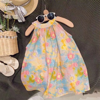 Cream childrens wear 2023 summer new girls sweet foreign air broken flower dress elegant hanging neck oil painting halter dress