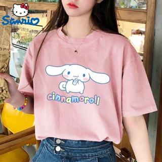 SANRIO Cinnamoroll เสื้อยืดพิมพ์ลายการ์ตูนน่ารักสำหรับผู้หญิงเทรนด์2023ฤดูร้อนใหม่เสื้อยืดหลวมสไตล์เกาหลีเสื้อคลุม