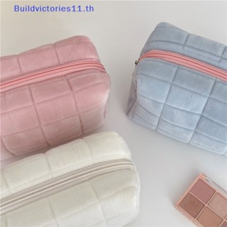 Buildvictories11 กระเป๋าเครื่องสําอาง แต่งขนเฟอร์ มีซิป ขนาดใหญ่ สีพื้น สําหรับผู้หญิง TH