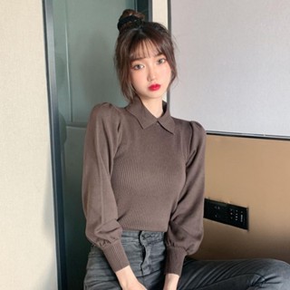 25275 เสื้อกันหนาว ตัวสั้น ผ้าฝ้ายถัก ทรงสลิมฟิต สีกาแฟ แฟชั่นฤดูใบไม้ร่วง ฤดูหนาว สไตล์เกาหลี MC