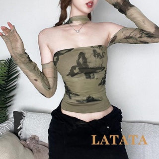 Latata- เสื้อครอปแขนยาว เปิดไหล่ พิมพ์ลายผีเสื้อ สําหรับผู้หญิง