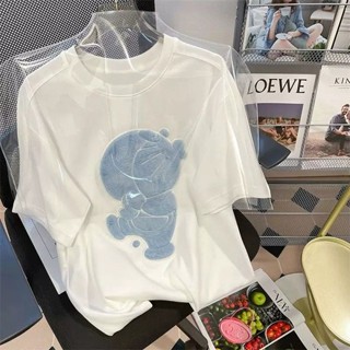 ใหม่ เสื้อยืดแขนสั้น ผ้าฝ้าย 100% พิมพ์ลายโดราเอมอน ทรงหลวม ขนาดใหญ่ 150 กก. แฟชั่นฤดูร้อน สไตล์ญี่ปุ่น สําหรับคู่รัก