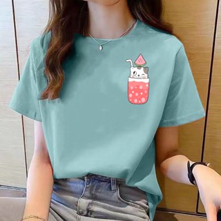 เสื้อยืดคอกลม แขนสั้น พิมพ์ลายดอกกุหลาบ ทรงหลวม สไตล์เกาหลี แฟชั่นสําหรับผู้หญิง