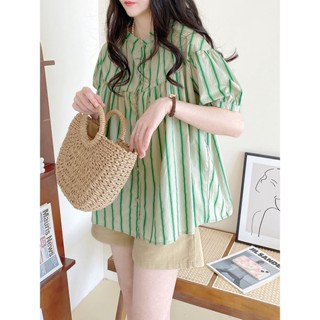 เสื้อเชิ้ตแขนสั้น คอตั้ง ลายทาง สไตล์เกาหลี แฟชั่นฤดูร้อน สําหรับผู้หญิง