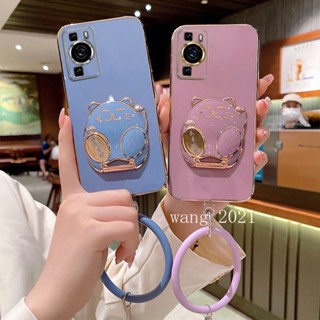 พร้อมส่ง ใหม่ เคสโทรศัพท์มือถือแบบนิ่ม ชุบไฟฟ้า ลายแมวน่ารัก พร้อมสายคล้องข้อมือ ทรงกลม แฟชั่น สําหรับ Huawei P60 Pro 2023