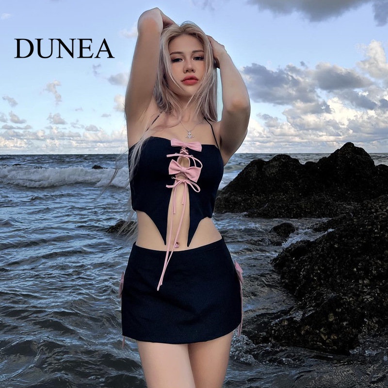 dunea-ชุดเสื้อสายเดี่ยว-ผูกโบว์-และกระโปรงสั้น-เซ็กซี่-สําหรับผู้หญิง