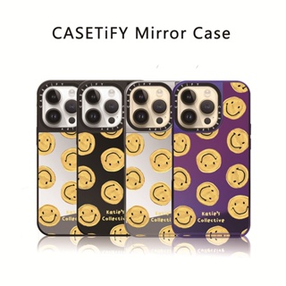 Casetify X Be Happy by Katies เคสโทรศัพท์มือถือแบบกระจกแข็ง ลายโลโก้แกะสลักด้านข้าง สําหรับ IPhone 12 13 14 Pro Max