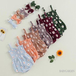 Babygarden-0-18 เดือน ชุดรอมเปอร์ แขนกุด พิมพ์ลายดอกไม้ + ที่คาดผม ประดับโบว์ สําหรับเด็กผู้หญิง