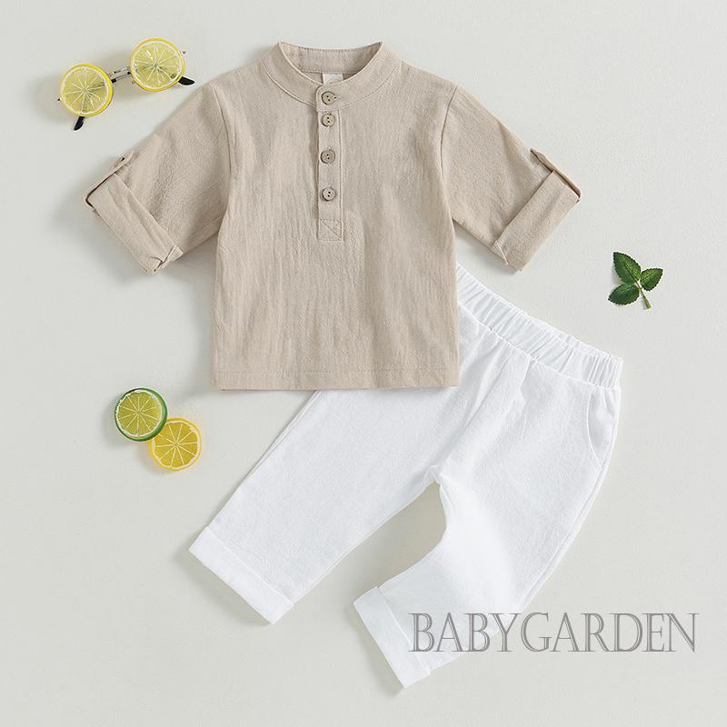 babygarden-6-เดือน-4-ปี-ชุดเด็กผู้ชาย-ฤดูร้อน-กระดุม-สีพื้น-เสื้อแขนสั้น-และกางเกงขายาว-เอวยางยืด-2-ชิ้น-ชุดเสื้อผ้า