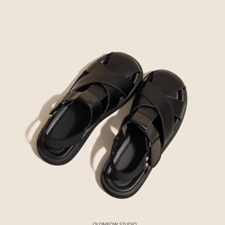 รองเท้าแตะ ส้นแบน แบบถัก พื้นหนา สไตล์โรมัน เข้ากับทุกการแต่งกาย สําหรับผู้หญิง 2023