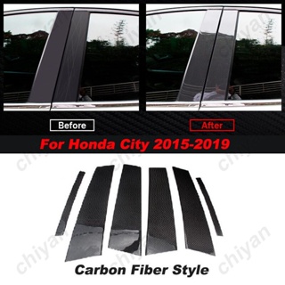 สติกเกอร์คาร์บอนไฟเบอร์ สีดํามันวาว สําหรับติดเสาประตูหน้าต่างรถยนต์ Honda City 2014-2019 6 ชิ้น