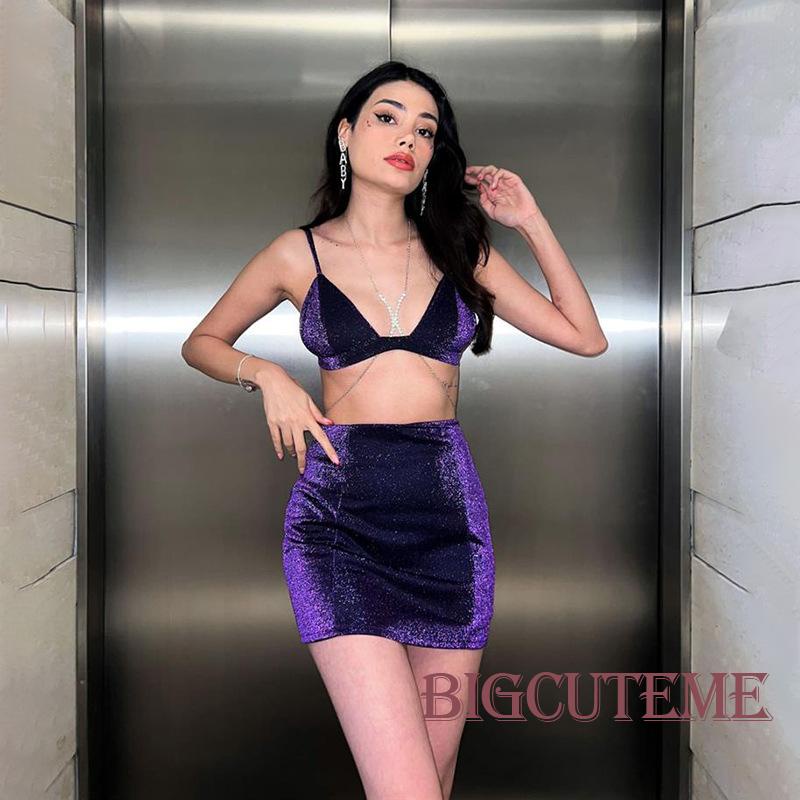 เสื้อสายเดี่ยว-และกระโปรง-สายสปาเก็ตตี้-ประดับกลิตเตอร์-สีเงิน-สีม่วง-แฟชั่นฤดูร้อน-สําหรับผู้หญิง-2-ชิ้น