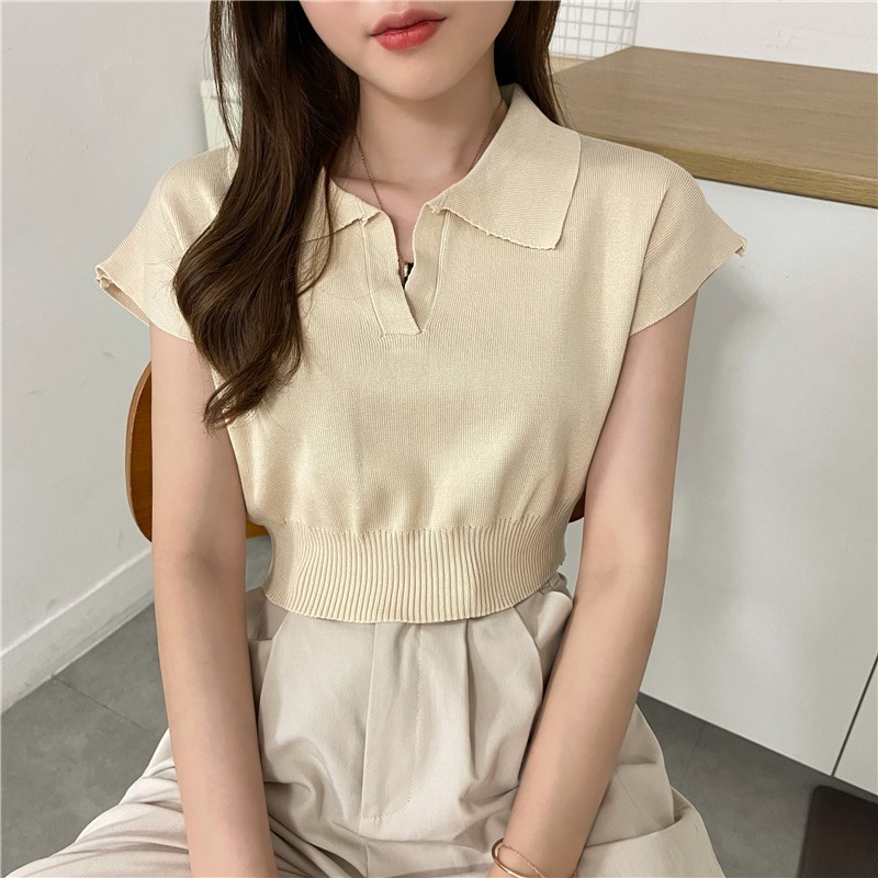 dodo-พร้อมส่ง-เสื้อคอปกทรงครอปผ้านิ่มใส่สบายมากค่าอิอิ-แขนกุดคอปก-k282