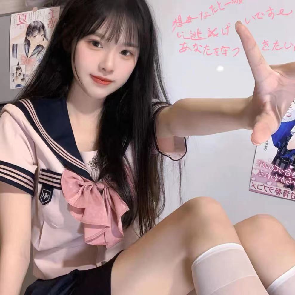 ชุดสูท-jk-สไตล์ญี่ปุ่น-เสื้อเชิ้ตแขนสั้น-คอปก-สีกรมท่า-และกระโปรงพลีท-สําหรับผู้หญิง-สาวหวานน่ารัก