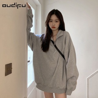 [พร้อมส่ง] Oudifu เสื้อแจ็กเก็ตกันหนาว มีฮู้ด ทรงหลวม แบบสวมหัว มีซิปครึ่งหนึ่ง สีเทา แฟชั่นฤดูใบไม้ผลิ และฤดูใบไม้ร่วง สไตล์เกาหลี สําหรับผู้หญิง