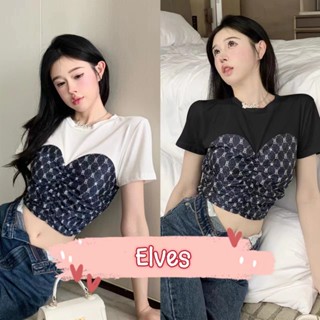 Elves✨พร้อมส่ง✨ เสื้อแขนสั้นไหมพรม คอกลม เย็บแต่งลวดลาย ~95139~ -C