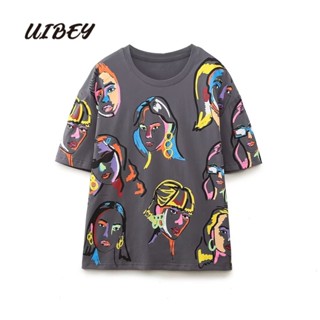 Uibey เสื้อคอกลม แขนสั้น พิมพ์ลาย ทรงหลวม แฟชั่น 3355