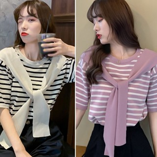 เสื้อยืด แขนสั้น คอกลม ลายทาง ปลอม สองชิ้น แฟชั่นฤดูร้อน สําหรับผู้หญิง