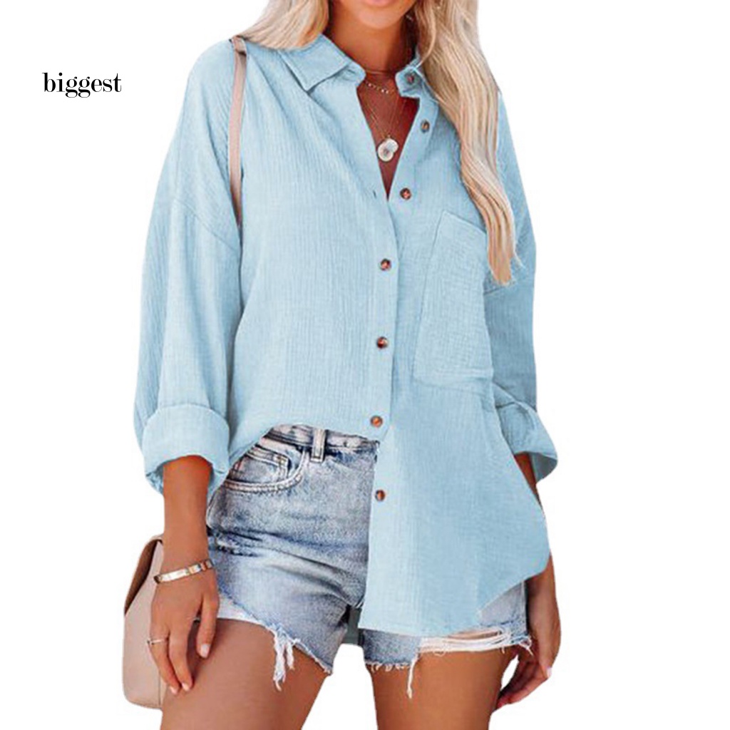bgt-เสื้อเชิ้ตแขนยาวลําลอง-คอปก-แต่งกระดุมแถวเดียว-ระบายอากาศ-แต่งกระเป๋าเสื้อ-สีพื้น-สําหรับผู้หญิง