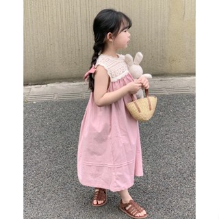 ชุดเดรสแขนกุด ผ้าฝ้าย แต่งลูกไม้ สวมใส่สบาย แฟชั่นฤดูร้อน สไตล์เกาหลี สําหรับเด็กผู้หญิง
