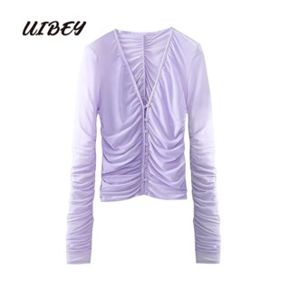 Uibey เสื้อเชิ้ต คอวี ผ้าเรยอน สีพื้น สกรีนคอลเล็ต 167