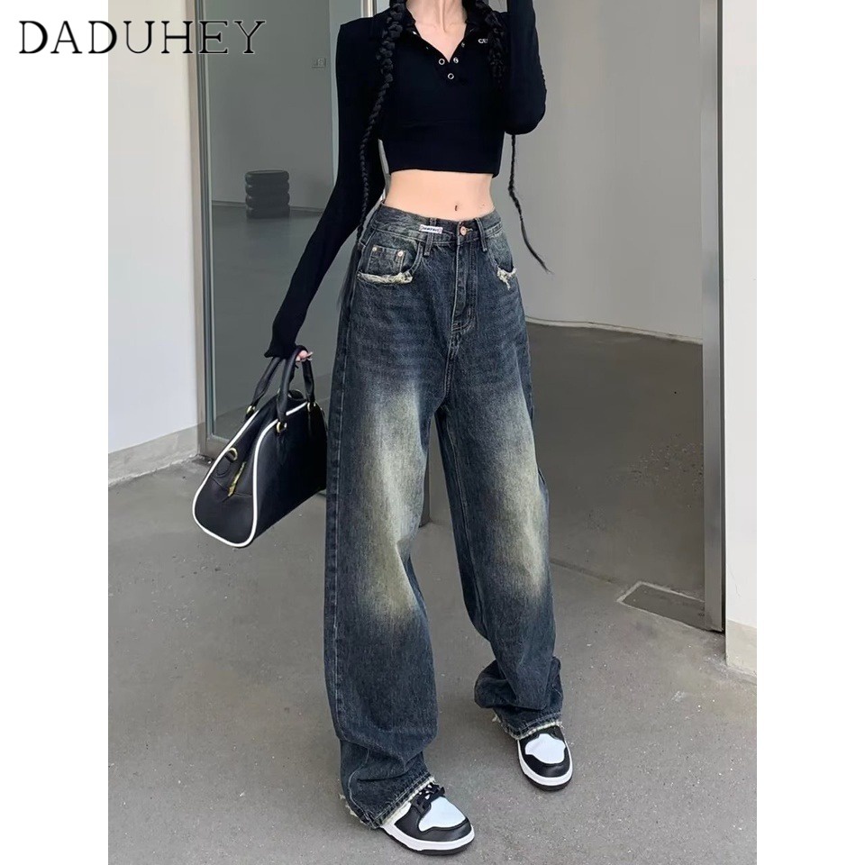 daduhey-new-korean-style-retro-washed-jeans-women-high-waist-raw-edge-wide-leg-pants-casual-mop-loose-trousers