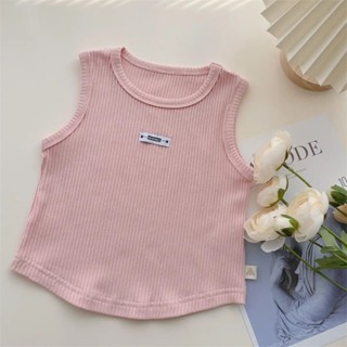 พร้อมส่ง เสื้อยืดแขนกุด ผ้าฝ้ายแท้ ลายทาง แฟชั่นฤดูร้อน สไตล์เกาหลี และญี่ปุ่น สําหรับเด็ก