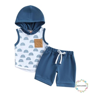 Babyclothes- ชุดเสื้อแขนกุด มีฮู้ด พิมพ์ลายสายรุ้ง และกางเกงขาสั้น สีพื้น แฟชั่นฤดูร้อน สําหรับเด็กผู้ชาย