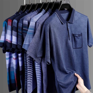 Spot high quality] pocket POLO shirts for men middle-aged dads wear moisture absorption and perspiration short-sleeved t-shirts summer 2023 summer grandfathers wear middle-aged and elderly bottoms quality tops for boys