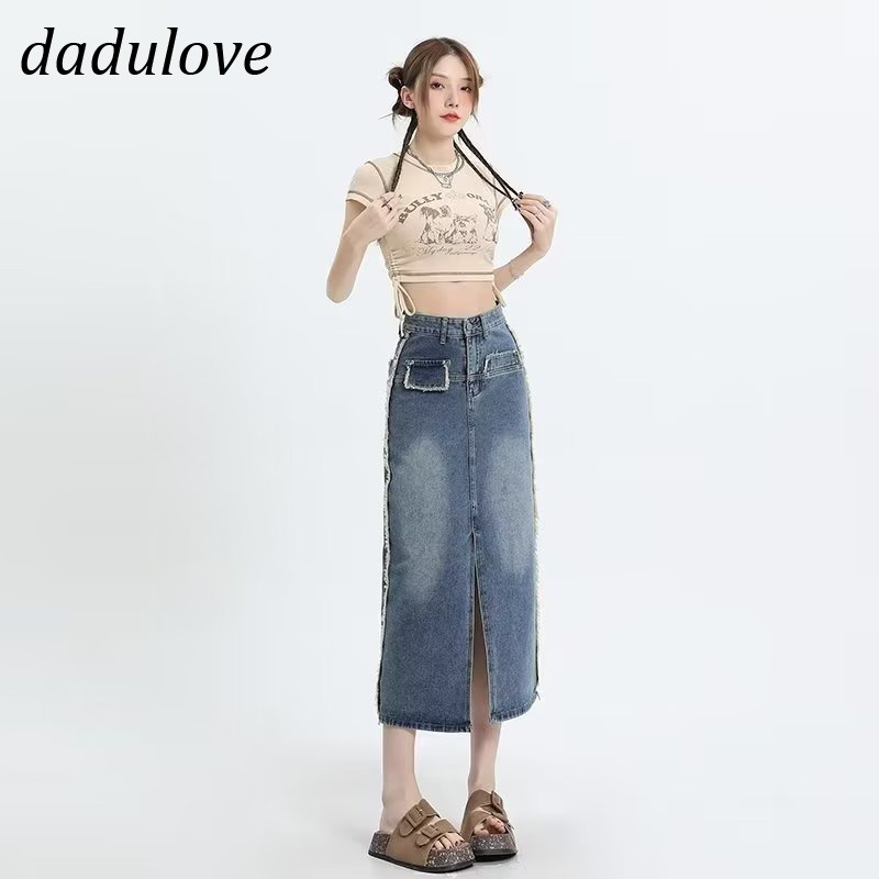 dadulove-new-korean-version-of-ins-retro-washed-denim-skirt-niche-slit-high-waist-a-line-skirt-bag-hip-skirt