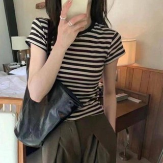 เสื้อยืดคอกลม แขนสั้น ลายทาง เรียบง่าย เข้ากับทุกการแต่งกาย แฟชั่นเรโทร สไตล์เกาหลี