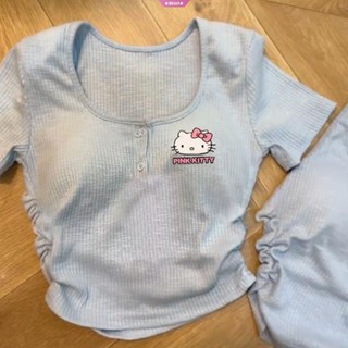 Sanrio เสื้อครอปท็อป ลาย Hello Kitty Y2k สีขาว สีชมพู แฟชั่นฤดูร้อน สําหรับผู้หญิง 2023