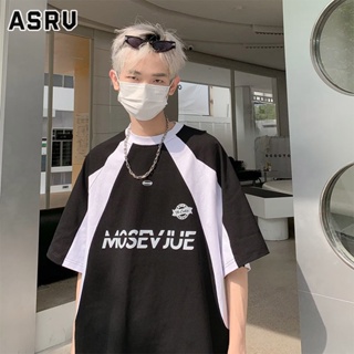 ASRV เสื้อยืด การจับคู่สีเสื้อยืดแขนสั้นผู้ชายสไตล์อเมริกันไฮสตรีทแบรนด์อินเทรนด์ไวน์แดงดำ