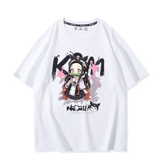 การ์ตูน Demon Slayer เสื้อยืด Anime Kulomi Cinnamon Dog Stove Gate Nezuko Graffiti พิมพ์อะนิเมะคู่แขนสั้นผ้าฝ้าย ชุดคู่