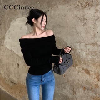 Cccindee ใหม่ เสื้อยืดแขนยาว เปิดไหล่ เข้ารูป สีพื้น เซ็กซี่ แฟชั่นสําหรับสตรี 2023