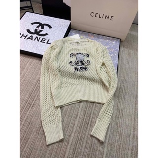 TQ5G CEL Beaute 2023 autumn and winter New letter embroidery logo decorative design hollow-out pullover striped knitted top round neck women