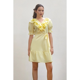 EP เดรสแต่งระบายและโบว์ ผู้หญิง สีเหลือง | Ruffle and Bow Short Dress | 0812