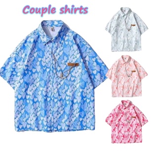 Love Pattern Couple Floral Shirt Loose Short Sleeve Shirt 4 Colors Beach Shirt Men Shirt Women Shirt