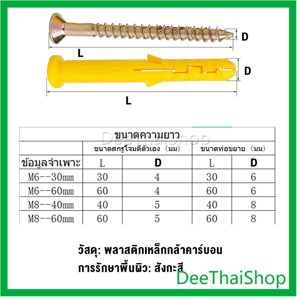 deethai-ชุดพุกพลาสติก-พุกพลาสติกสีเหลืองพร้อมสกรู-m6-m8-พุก-พุกพร้อมสกรู-พุก-plastic-expansion-bolt