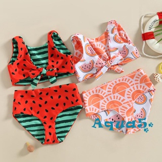 Aqq- ชุดว่ายน้ําบิกินี่ แขนกุด คอวี พิมพ์ลายแตงโม ฤดูร้อน ชายหาด เสื้อกั๊ก + กางเกงชั้นใน สําหรับเด็กผู้หญิง