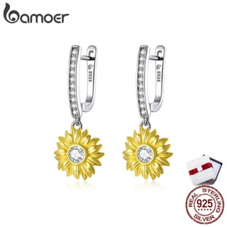 bamoer Silver Sunflower Ear buckles 925 Real silver Gold Color CZ Earrings for Women Wedding Party Jewelry BSE469