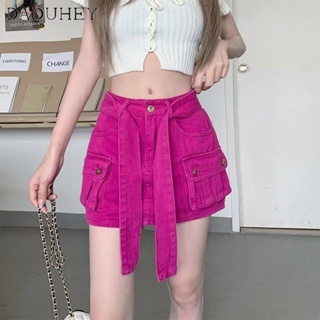 DaDuHey🎈 New American Style Ins High Street Multi-pocket Tooling Skirt Niche High Waist A- line Denim Skirt Bag Hip Skirt