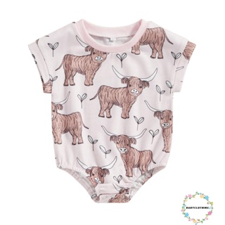 Babyclothes- ชุดรอมเปอร์ เพลย์สูท คอกลม แขนสั้น พิมพ์ลายการ์ตูนวัว สีชมพู แฟชั่นฤดูร้อน สําหรับเด็กทารกผู้หญิง