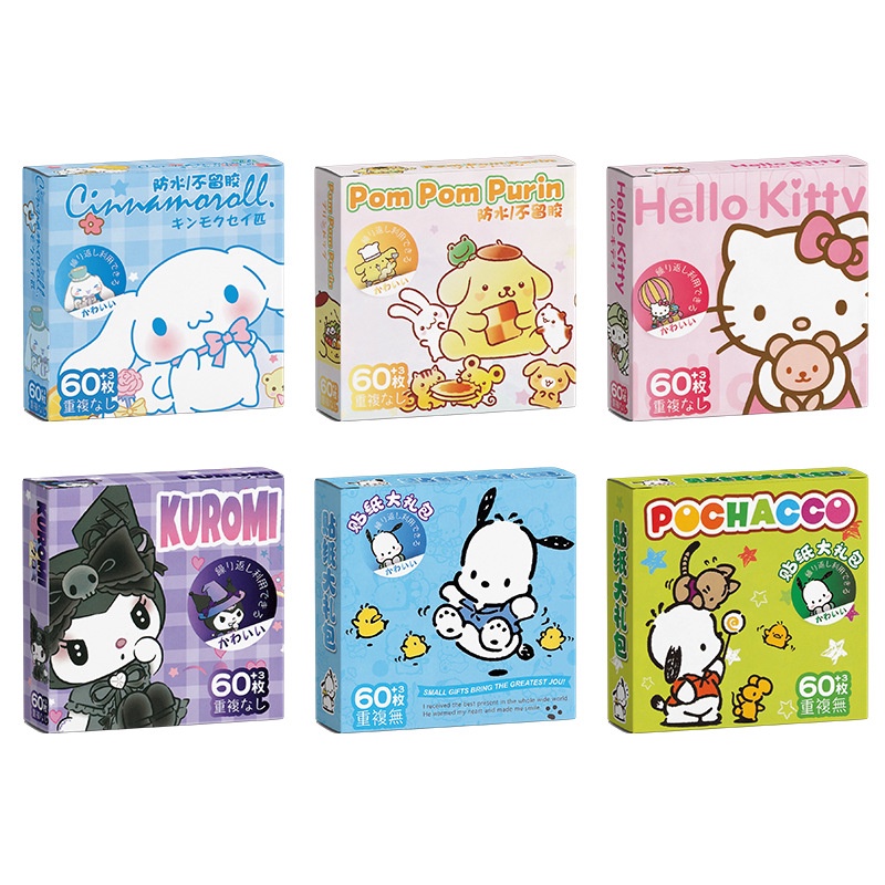 สติกเกอร์-ลายการ์ตูน-sanrio-my-melody-pompompurin-cinnamoroll-hello-kitty-kuromi-pachacco-มีกาวในตัว-สําหรับติดตกแต่งกล่องของขวัญ-60-ชิ้น