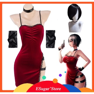 Resident Evil: 4 Ada Wong ชุดคอสเพลย์ ชุดเดรส เสื้อคลุม เซ็กซี่ ลูกไม้ สีแดง ชุดกี่เพ้า ฮาโลวีน เครื่องแต่งกาย วิกผม สําหรับผู้หญิง ผู้ใหญ่