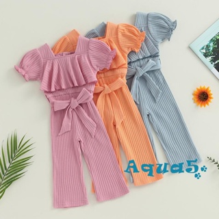 Aqq- ชุดจั๊มสูทยาว ลําลอง แขนสั้น สีพื้น พร้อมเข็มขัด เหมาะกับฤดูร้อน สําหรับเด็กผู้หญิง