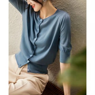 Zy358306Mg Laughing เสื้อคาร์ดิแกน แขนห้าส่วน ผ้าวูลถัก 16 เข็ม สไตล์ฝรั่งเศส สําหรับผู้หญิง MC 9B10