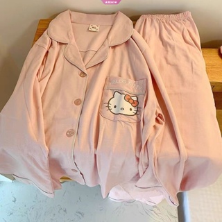 Sanrio Hello Kitty เสื้อยืดแขนยาว กางเกงหลวม ชุดสองชิ้น ผู้หญิง น่ารัก ชุดนอน ฤดูร้อน เสื้อ กางเกง ชุดนอนนุ่ม